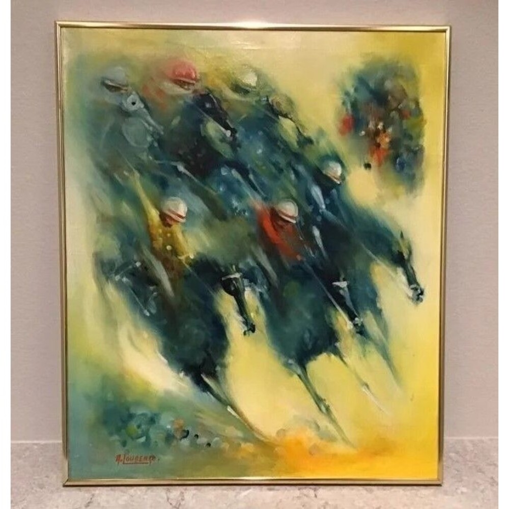 Armand Lourenco Oil Painting on Canvas signed framed a Thrilling Horse Race